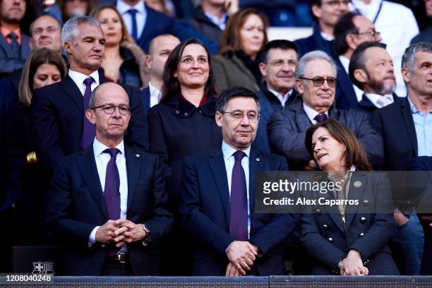 President of FC Barcelona Josep Maria Bartomeu looks on during the La Liga match between FC Barcelona and SD Eibar SAD at Camp Nou on February 22,...