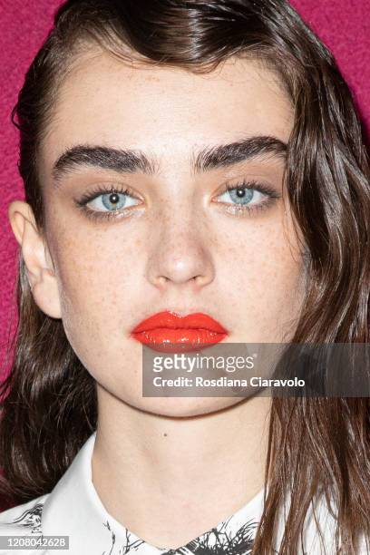 Model Alisha Nesvat is seen backstage at the MSGM fashion show on February 22, 2020 in Milan, Italy.