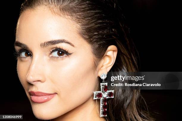 Olivia Culpo is seen backstage at the Philipp Plein fashion show on February 22, 2020 in Milan, Italy.