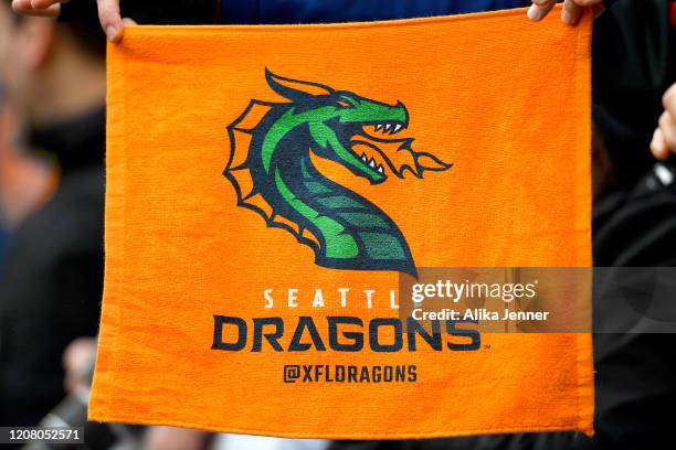General view of a fan holding a Seattle Dragons orange towel during the game against the Dallas Renegades at CenturyLink Field on February 22, 2020...