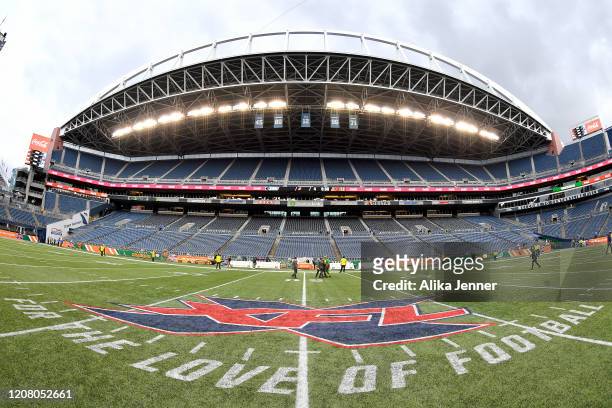 General interior view of CenturyLink Field with the XFL midfield logo after the game between the Seattle Dragons and the Dallas Renegades at...