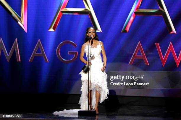 Marsai Martin accepts the Outstanding Supporting Actress in a Motion Picture award for "Little" onstage during the 51st NAACP Image Awards, Presented...