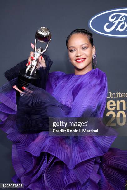 Rihanna poses with the President’s Award at the 51st NAACP Image Awards, Presented by BET, at Pasadena Civic Auditorium on February 22, 2020 in...