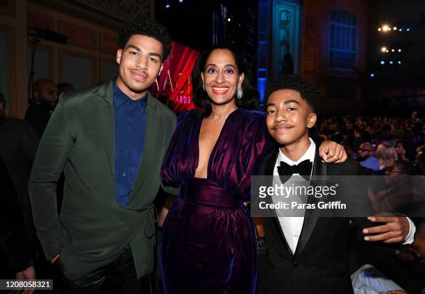 Marcus Scribner, Tracee Ellis Ross, and Miles Brown attend the 51st NAACP Image Awards, Presented by BET, at Pasadena Civic Auditorium on February...