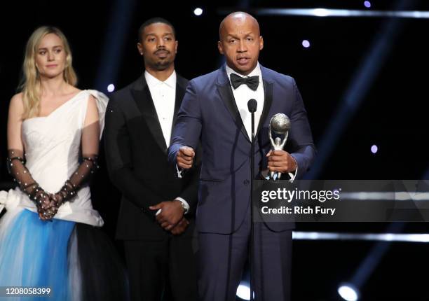 Brie Larson, Michael B. Jordan, and Bryan Stevenson accept Outstanding Motion Picture for "Just Mercy" onstage during the 51st NAACP Image Awards,...