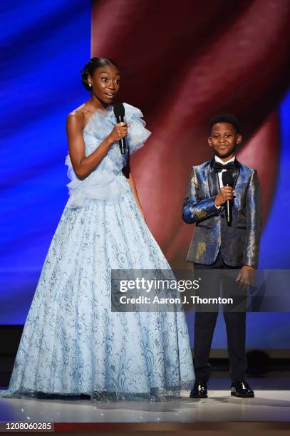 Shahadi Wright Joseph and Evan Alex speak onstage during the 51st NAACP Image Awards, Presented by BET, at Pasadena Civic Auditorium on February 22,...