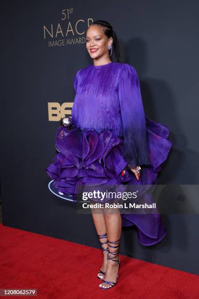 Rihanna poses with the President’s Award at the 51st NAACP Image Awards, Presented by BET, at Pasadena Civic Auditorium on February 22, 2020 in...