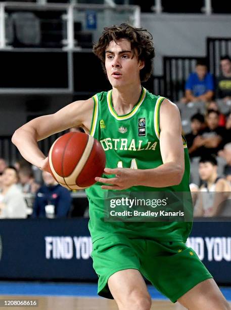 Josh Giddey of Australia passes the ball during the FIBA Asia Cup 2021 Qualifier match between the Australian Boomers and Hong Kong at Nissan Arena...