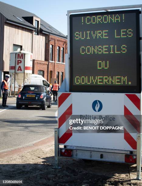 Illustration picture shows police blockages on the alternative border crossings between Mouland, Voeren, Belgium and Withuis, The Netherlands, in...