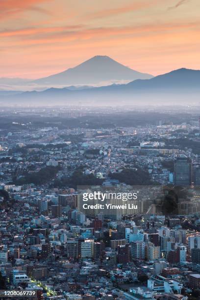 mt. fuji and yokohama skyline at sunset - yokohama skyline stock pictures, royalty-free photos & images