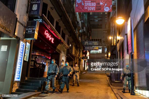 Police officers patrol around the Lan Kwai Fong area. Chief Executive of Hong Kong Chief Executive of Hong Kong Carrie Lam announced today, March...