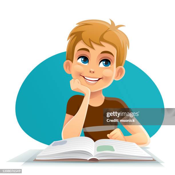 boy is reading - kid thinking stock illustrations