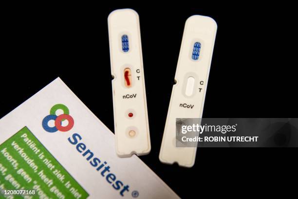 Picture taken on March 23, 2020 in Delfgauw shows new quick Covid-19 tests developped by Dutch company Sensitest, known for their pregnancy tests. -...