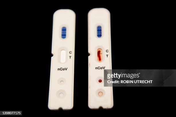 Picture taken on March 23, 2020 in Delfgauw shows new quick Covid-19 tests developped by Dutch company Sensitest, known for their pregnancy tests....