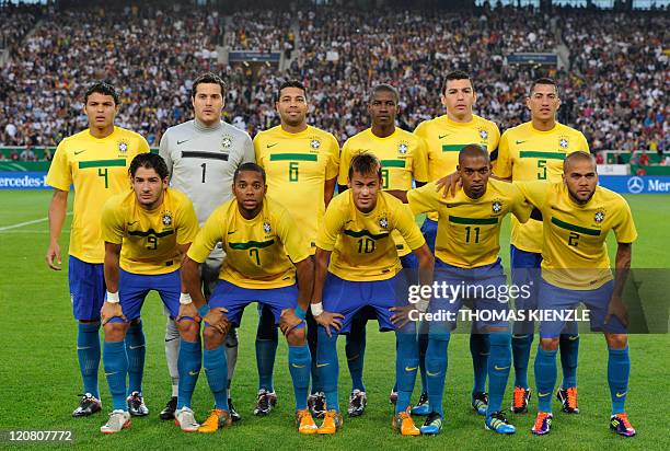 Brazil's national football team poses prior to the Germany vs Brazil international friendly football match at the Mercedes-Benz Arena in Stuttgart,...
