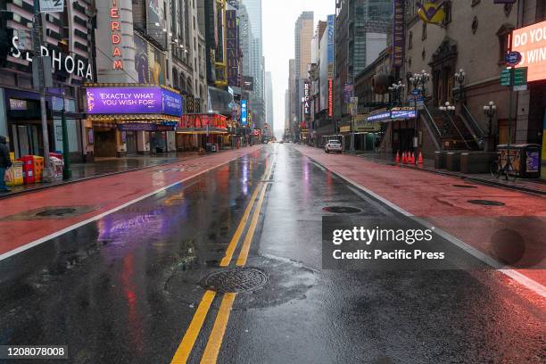 Virtually empty 42nd street in Manhattan on first day of Stay at Home executive order.