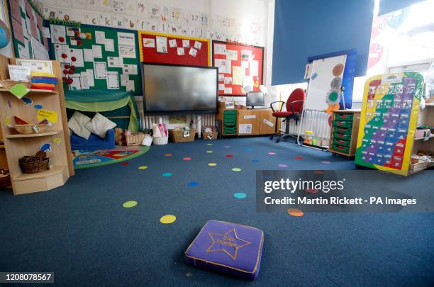 Empty floor spaces in the Reception classroom at Manor Park School and Nursery in Knutsford, Cheshire, the day after Prime Minister Boris Johnson put...