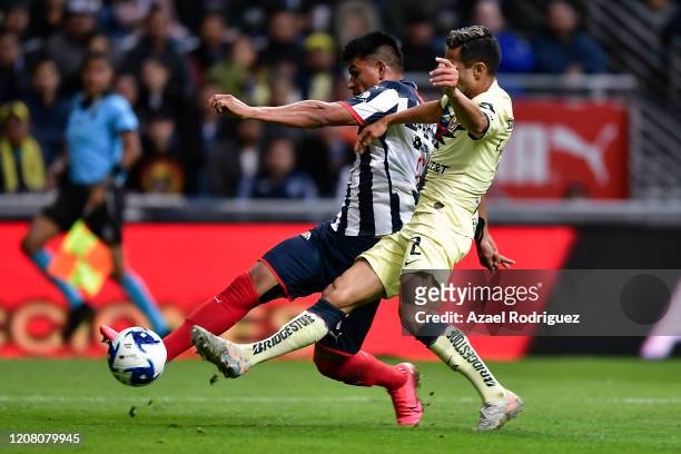 Jesús Gallardo of Monterrey fights for the ball with Luis Fuentes of América during the 7th round match between Monterrey and America as part of the...