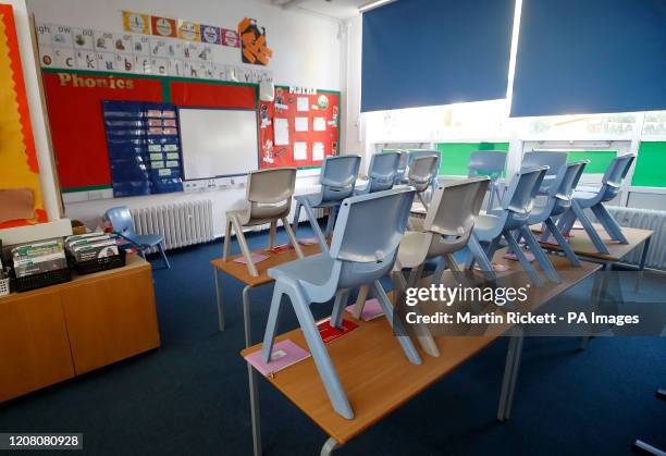 An empty classroom at Manor Park School and Nursery in Knutsford, Cheshire, the day after Prime Minister Boris Johnson put the UK in lockdown to help...