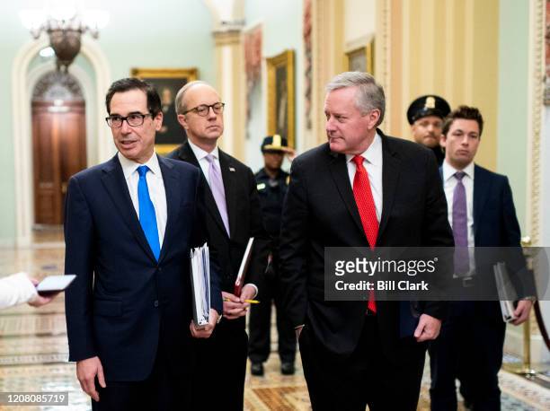 From left, Treasury Secretary Steven Mnuchin, White House Legislative Affairs Director Eric Ueland, and incoming White House Chief of Staff Rep. Mark...
