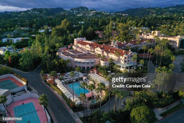 An aerial view of the Beverly Hills Hotel amid the coronavirus outbreak on March 23, 2020 in Beverly Hills, California.
