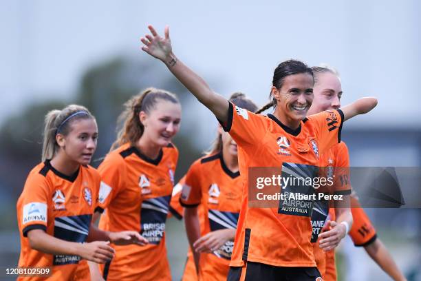 Carson Pickett of the Roar celebrates scoring her team's third goal during the round 13 W-League match between the Brisbane Roar and Canberra United...