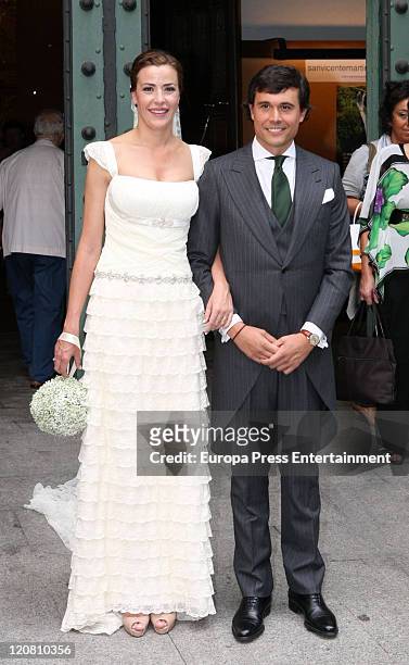 Ines Sainz and her husband Christian Martin Perez Carrion attend their wedding at the San Vicente Abando Chapel on August 10, 2011 in Bilbao, Spain.