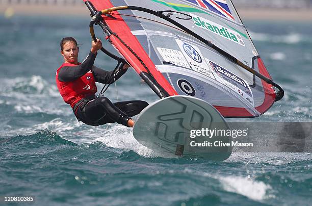 Bryony Shaw of Great Britain in action on her way to a bronze medal in the RS-X Womens Class medal race on day ten of the Weymouth and Portland...