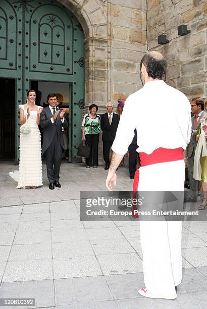 Spanish model Ines Sainz and her husband Christian Martin Perez Carrion attend their wedding at the San Vicente Abando Chapel on August 10, 2011 in...