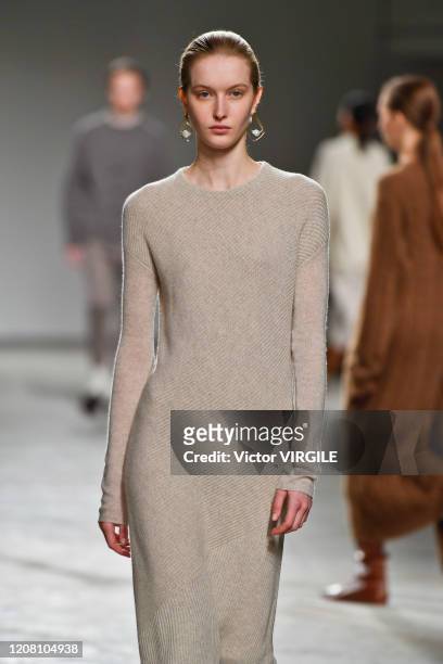 Model walks the runway during the Agnona fashion show as part of Milan Fashion Week Fall/Winter 2020-2021 on February 22, 2020 in Milan, Italy.