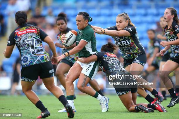 Krystal Rota of the Maori All Stars is tackled during the NRL match between the Indigenous Women's All-Stars and the New Zealand Maori Women's All...