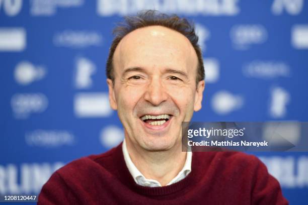 Roberto Benigni speaks at the "Pinocchio" press conference during the 70th Berlinale International Film Festival Berlin at Grand Hyatt Hotel on...