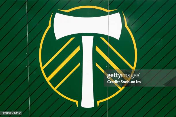 Detailed view of Portland Timbers logo before the game between the Minnesota United FC and the Vancouver Whitecaps at Providence Park on February 22,...