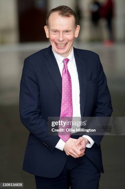 Andrew Marr leaves after presenting his BBC Political Sunday Morning Show 'The Andrew Marr Show at BBC Broadcasting House on February 23, 2020 in...