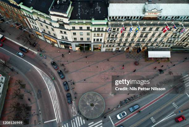 Stureplan, normally a very busy area is pictured during rush hour with a drone on March 24, 2020 in Stockholm, Sweden. Coronavirus pandemic has...