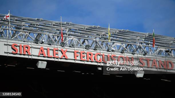 General view of Old Trafford ahead of the Premier League match between Manchester United and Watford FC at Old Trafford on February 23, 2020 in...