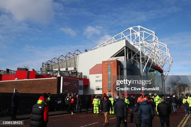 General view outside the stadium prior to the Premier League match between Manchester United and Watford FC at Old Trafford on February 23, 2020 in...