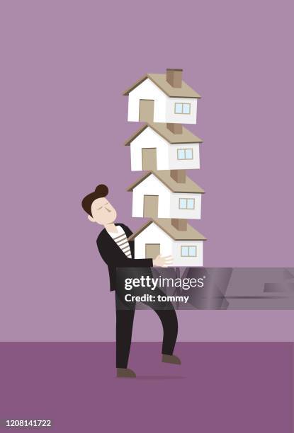 businessman holding a stack of houses - commercial real estate as investment increases stock illustrations