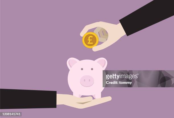 business people put uk pound coin into a piggy bank - pound symbol stock illustrations