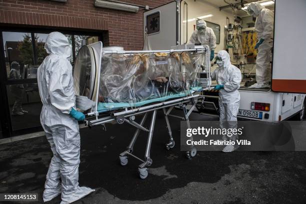 Milan, Italy A stand in patient is taken into the hospital during Military exercise between Rome and Milan at the infectious diseases department of...