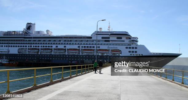 The Zaandam ship cruise, sailing under the Dutch flag and operated by the Holland America group, with 1,800 people on board, is seen in Punta Arenas,...