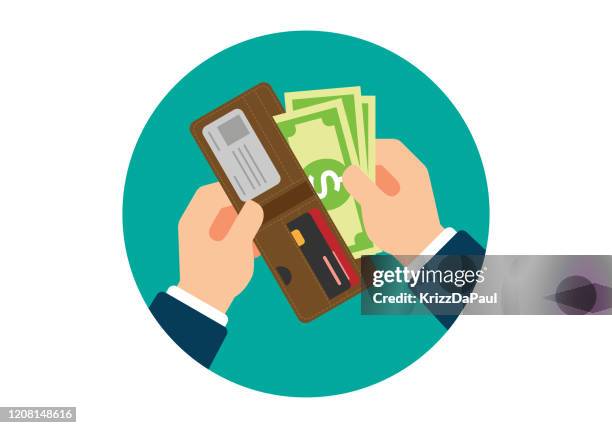 stockillustraties, clipart, cartoons en iconen met portefeuille met dollars in handen - portefeuille