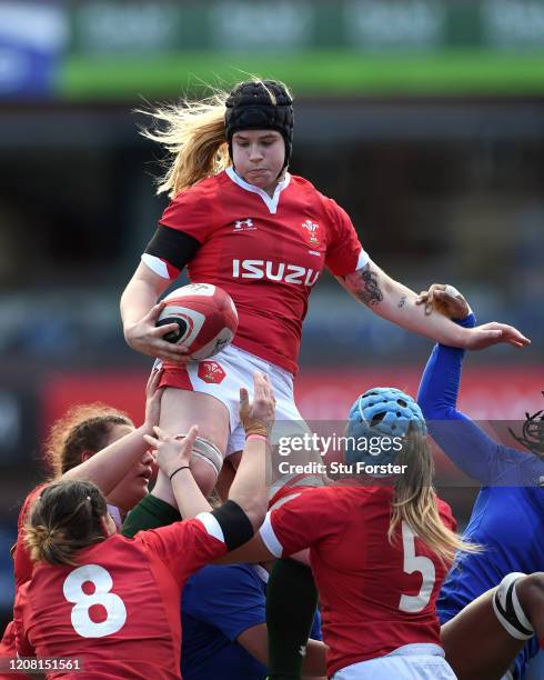 Wales player Bethan Lewis wins a lineout ball during the Women's Six Nations match between Wales and France at Cardiff Arms Park on February 23, 2020...