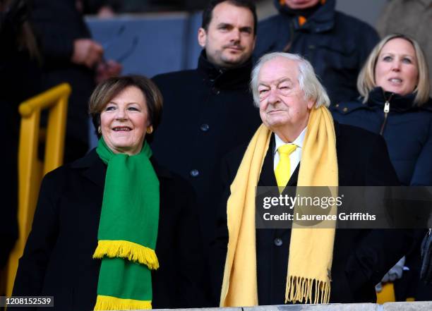 Delia Smith and Michael Wynn-Jones are seen prior to the Premier League match between Wolverhampton Wanderers and Norwich City at Molineux on...