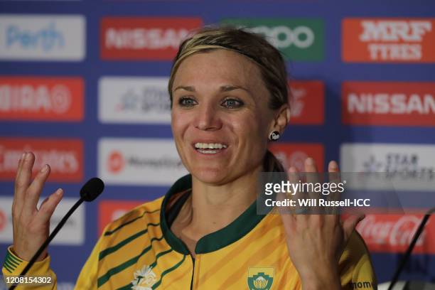 Mignon Du Preez of South Africa speaks at a press conference after winning the ICC Women's T20 Cricket World Cup match between England and South...