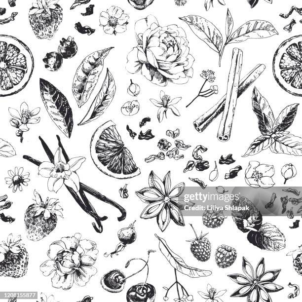 seamless pattern with tea related items - vanilla stock illustrations