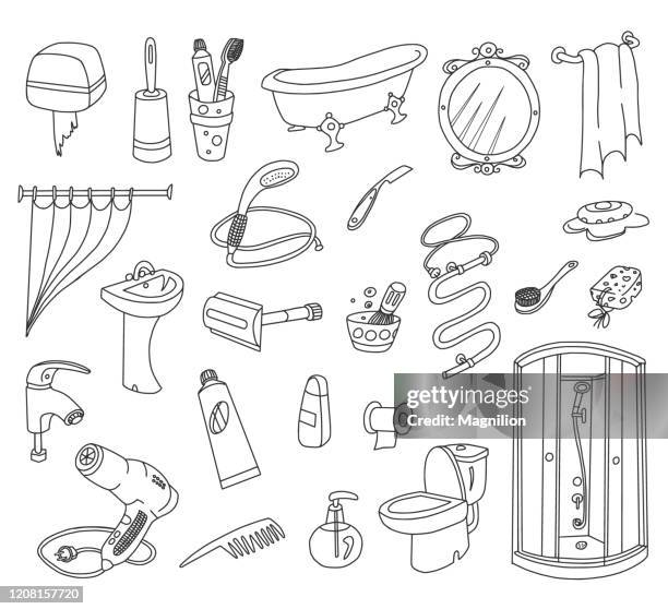 badezimmer doodles set - haartrockner stock-grafiken, -clipart, -cartoons und -symbole