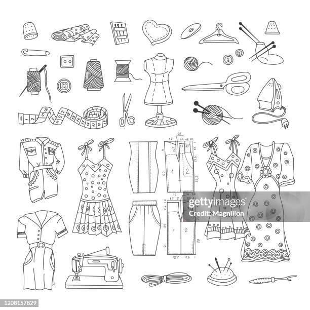 ilustrações de stock, clip art, desenhos animados e ícones de cutting and sewing doodle set - peça de roupa