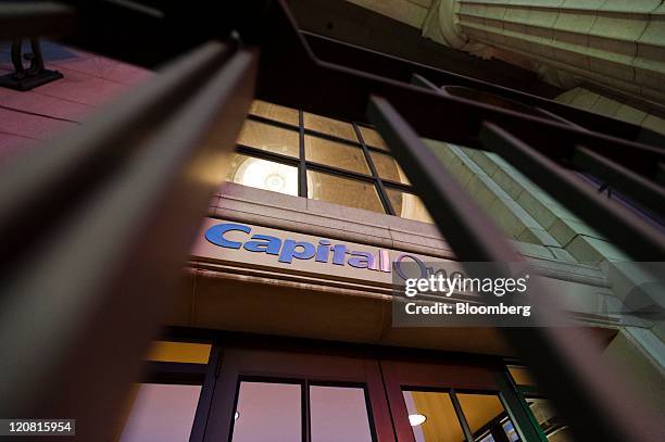 Capital One Financial Corp. Signage is displayed outside of a bank branch in the Brooklyn borough of New York, U.S., on Wednesday, Aug. 10, 2011....
