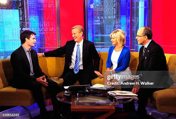 Driver Jeff Gordon, Steve Doocy, Gretchen Carlson and Peter Johnson, Jr talk on "FOX & Friends" at FOX Studios on August 11, 2011 in New York City.